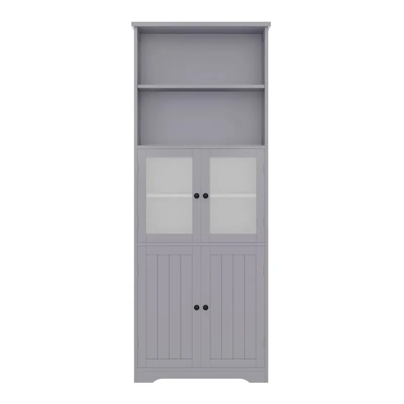 Armario de baño alto 57.4x28.5x160 cm - Con puertas de vidrio y madera, estantes ajustables - Gris