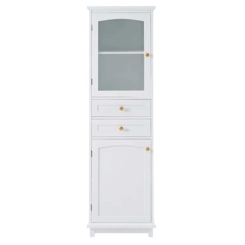 Armario de baño 45x36x160 cm - puertas de cristal, 2 armarios, 2 cajones, tiradores dorados - blanco