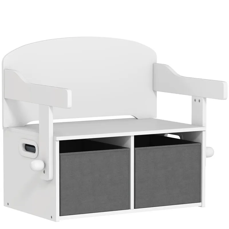AIYAPLAY Banco Infantil Convertible 3 en 1, Juego de Mesa y Silla, Baúl de Juguetes con Cubos de Tela Extraíbles, Banco de Almacenaje, Mueble Multifuncional para Niños 3-6 Años, Blanco