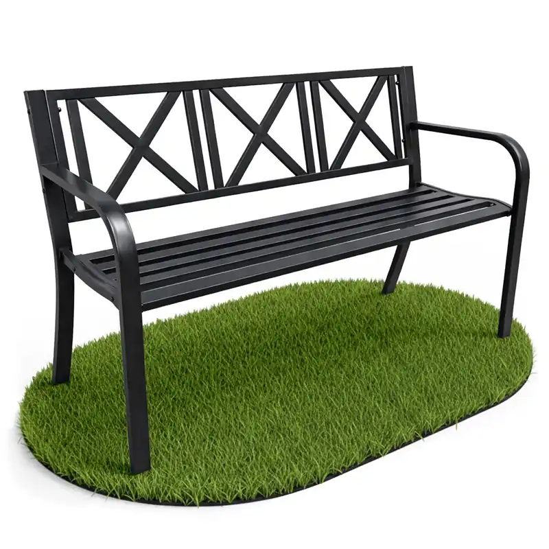 Banco de jardín negro CROSS con patas de acero y respaldo de acero, ancho 119 cm