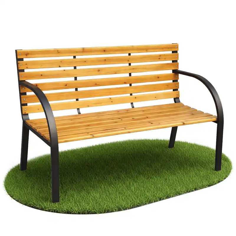 Banco de jardín DALIA con madera lacada y patas de acero, ancho 122 cm.