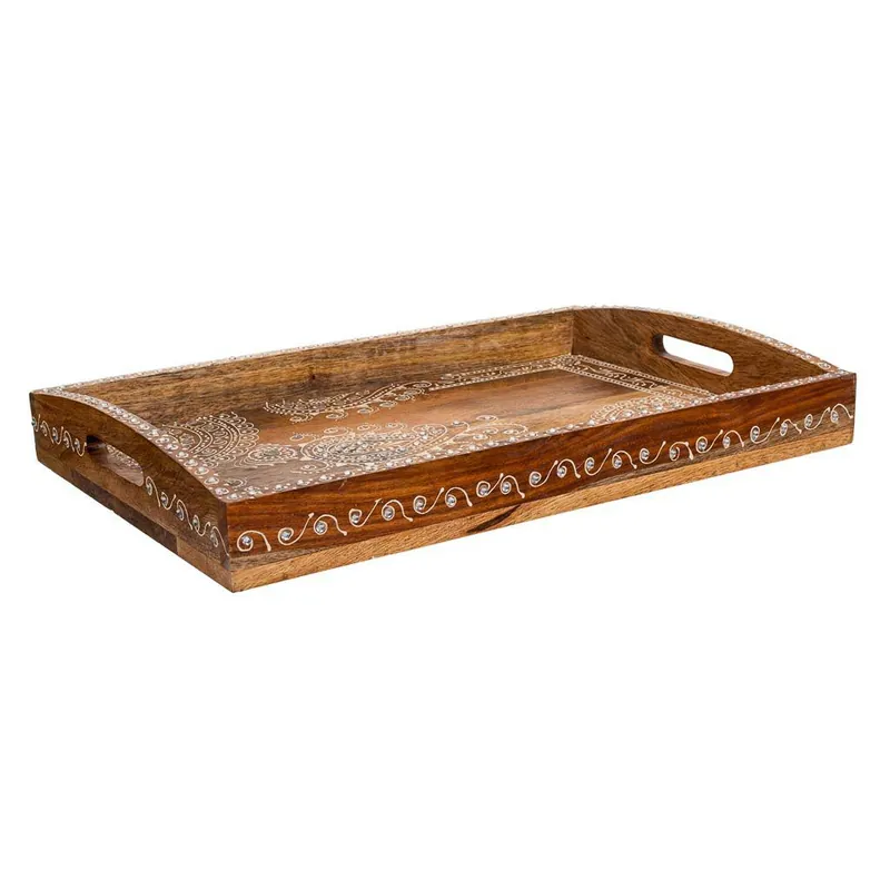 Bandeja de madera pintado artesanal marrón y blanco 43x29x6 - Cocina