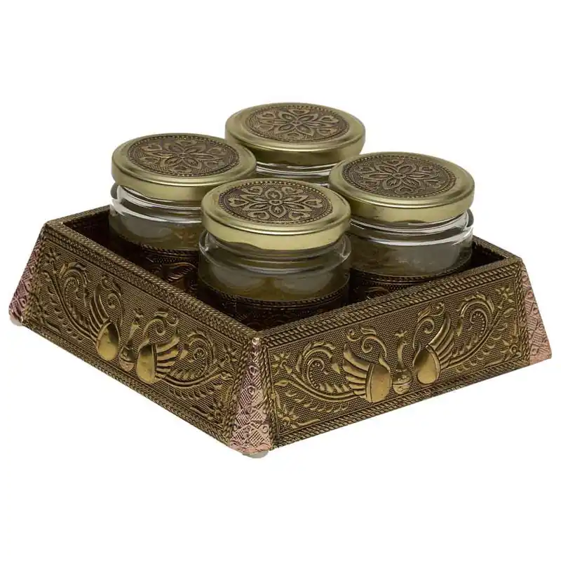 Bandeja de metal repujado color cobre y dorado 20x20x7,5 - Cocina