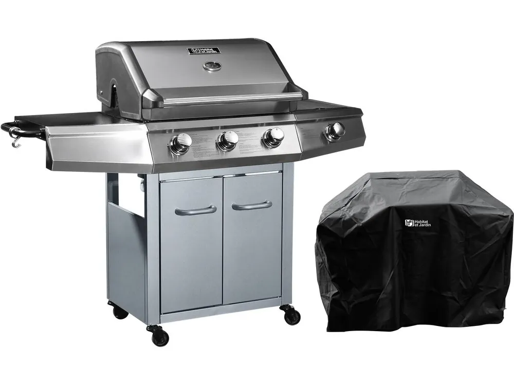 Barbacoa a gas "Bingo 4" - 4 quemadores (1 lateral) - 14kW + Funda de protección- Plateado
