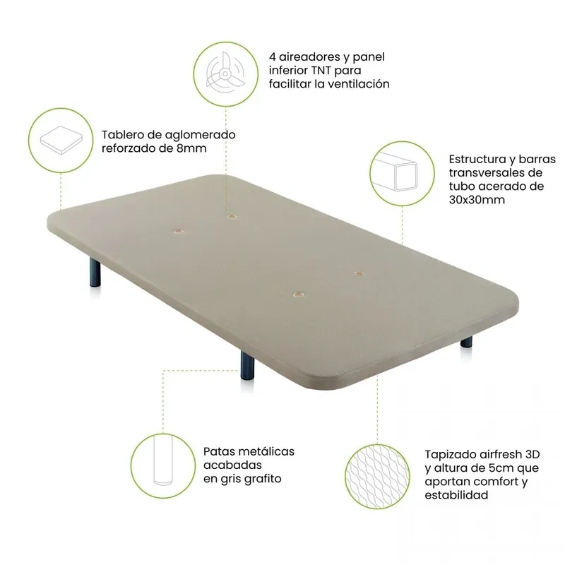 Base tapizada Air 3D Beige 90x190 cm con patas - Descanso