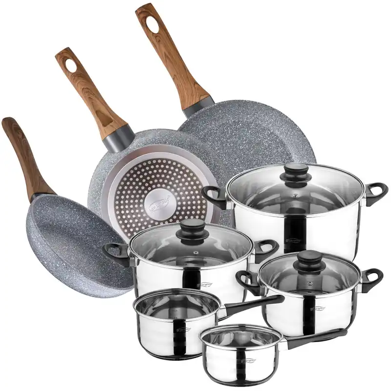 Bateria de cocina 8 piezas en acero inoxidable con juego de sartenes (22,26,28 cm) en aluminio forjado colección Daimiel