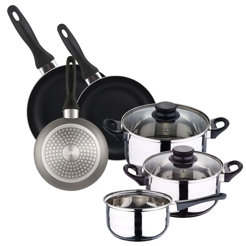 Batería de cocina 5pc acero inoxidable + Set 3 sartenes Ø16Ø20Ø24 Aluminio, gris metalizado