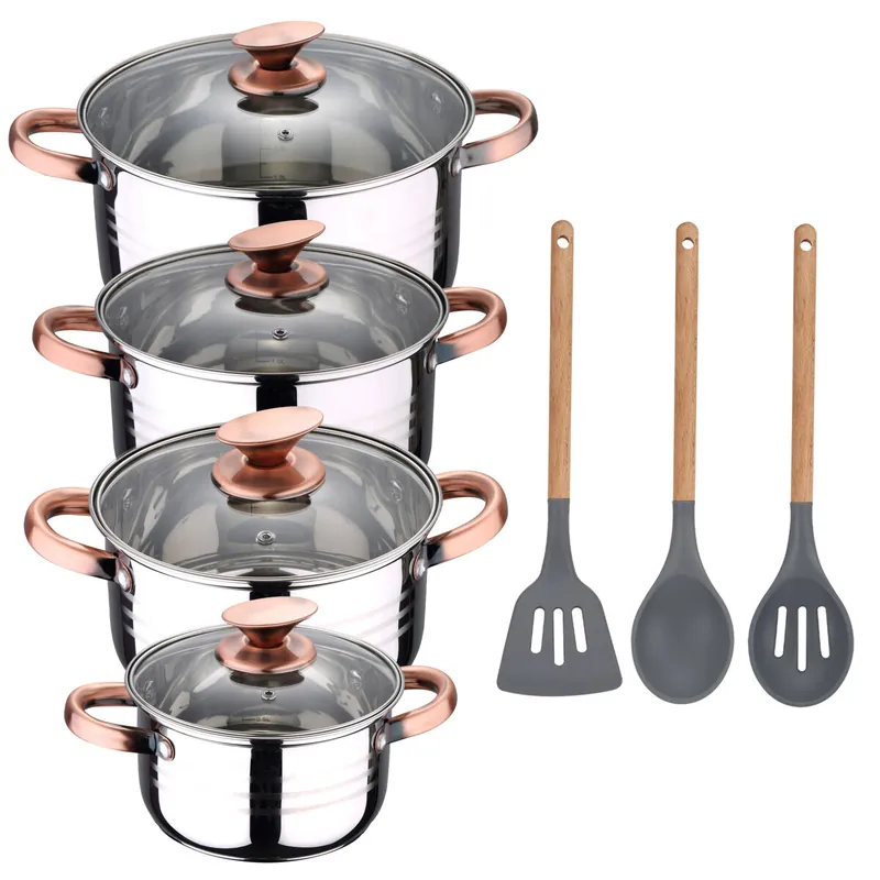 Bateria De Cocina 8 Piezas Apta Para Induccion San Ignacio Altea En Acero Inoxidable Con Set De 3 Utensilios De Cocina En Silicona Daimiel