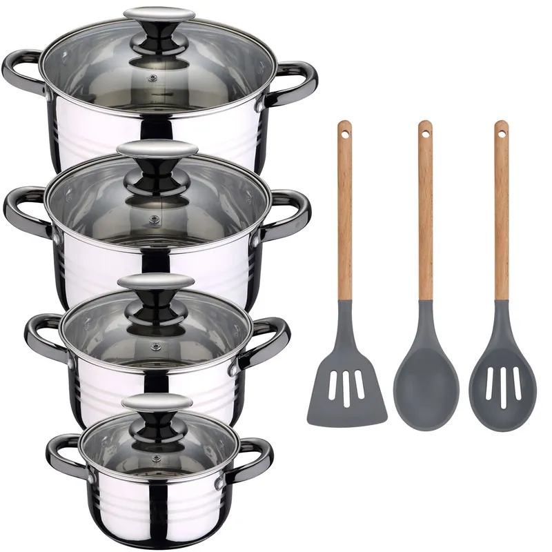 Bateria De Cocina 8 Piezas Apta Para Induccion San Ignacio Hita En Acero Inoxidable Con Set De 3 Utensilios De Cocina En Silicona Daimiel