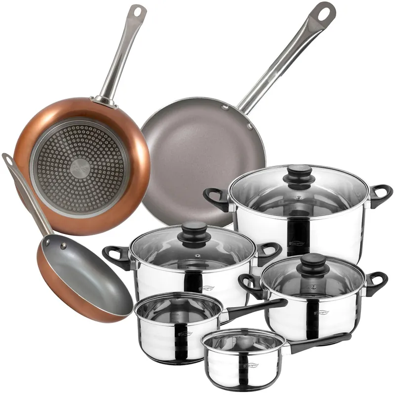 Bateria de cocina 8 piezas SAN IGNACIO en acero inoxidable con juego de sartenes (18,22 y 26 cm) en aluminio prensado colección Optimum Plus