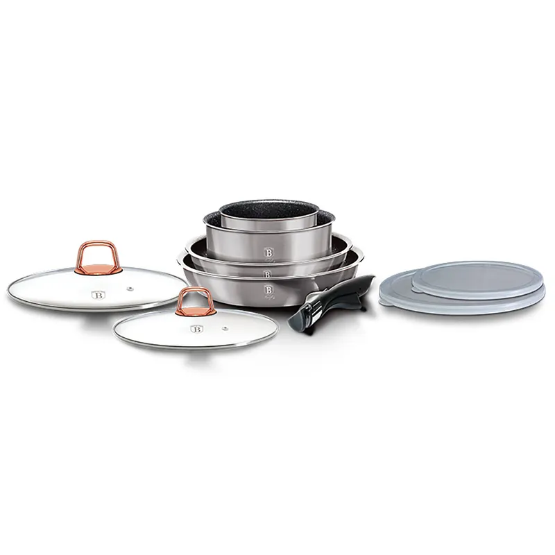 Berlinger Haus Moonlight Batería de Cocina Aluminio Forjado 9 Piezas, Inducción, Asa Extraíble, Cazuelas Apilables Tapas, , Gris