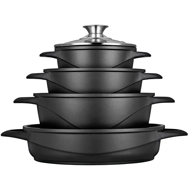 Briebe MGK-17 Batería de Cocina Inducción 8 Piezas Aluminio Fundido 4 Ollas con Tapa de Cristal Antiadherente, , Negro