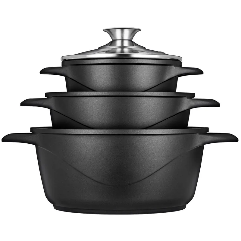 Briebe MGK-18 Batería de Cocina Inducción 6 Piezas Aluminio Fundido 3 Ollas con Tapa de Cristal Antiadherente, , Negro