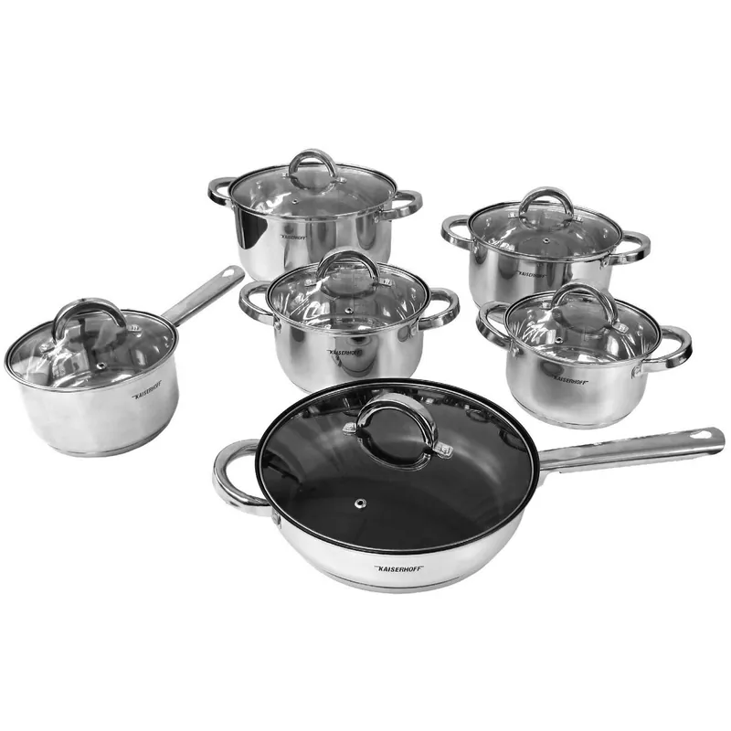 Batería de Cocina Klack 12 Piezas de Acero Inoxidable con Sartén Antiadherente, Tapas de Vidrio, Apta para Inducción y Lavavajillas