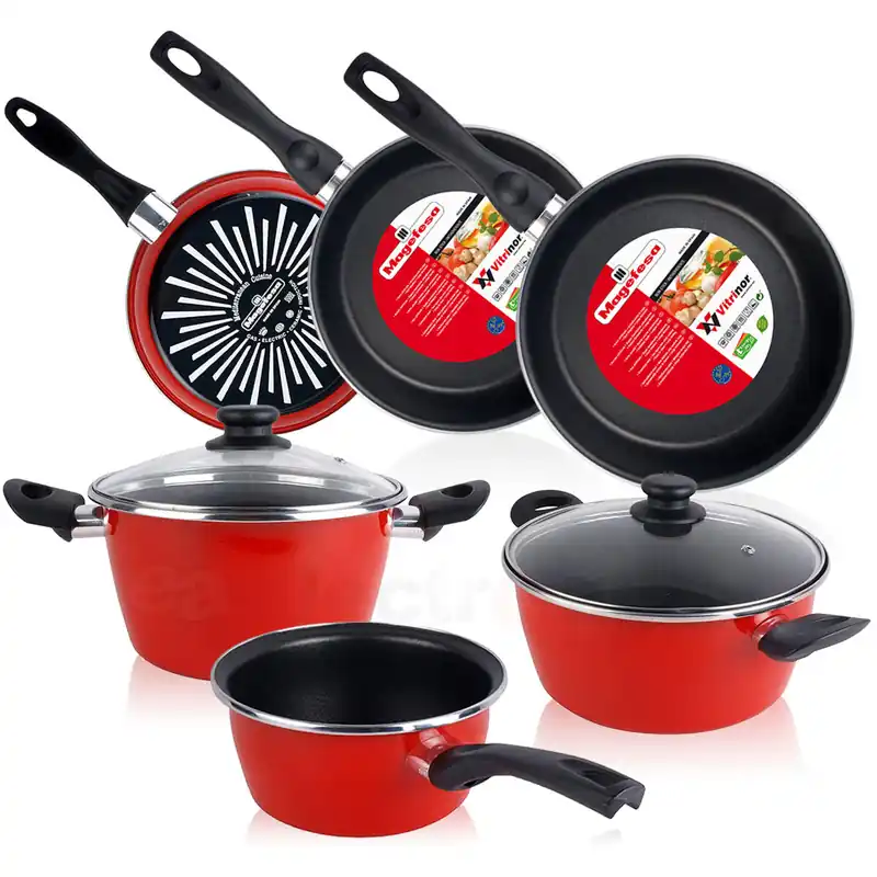 Magefesa GRANA Bateria de Cocina 5 piezas + Set Juego 3 Sartenes 18-20-24cm, Acero Vitrificado 820ºC, Libre PFOA, , Rojo