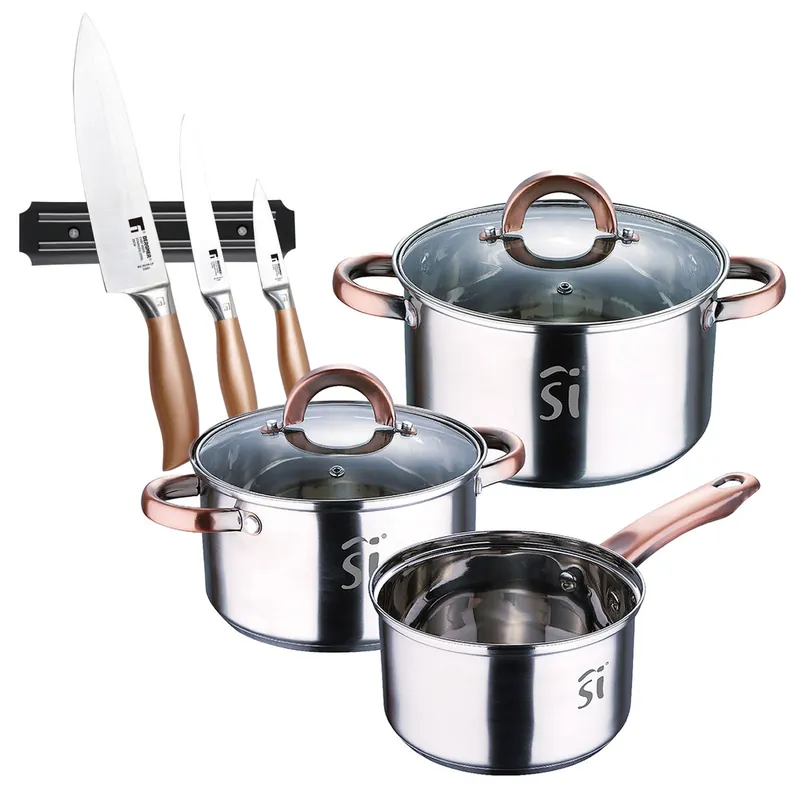 Bateria 5pc acero inoxidable Ø16Ø18Ø20, aptas para inducción+ Bergner Copper Set de 3 Cuchillos en acero inoxidable + Soporte magnético de pared - Cocina