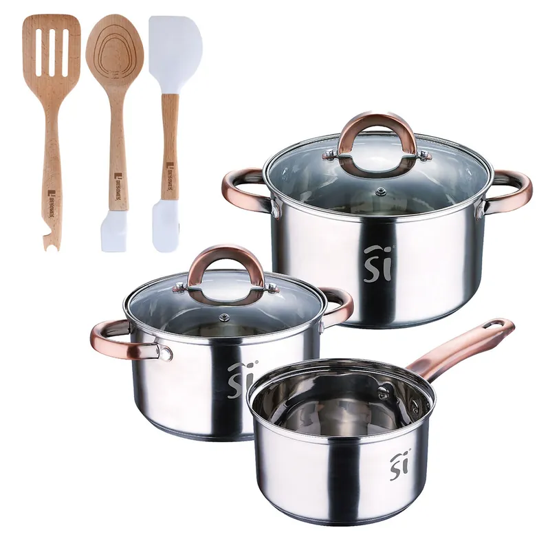 Bateria 5pc acero inoxidable Ø16Ø18Ø20, aptas para inducción+ Bergner NATURALLY Juego de 3 Utensilios de cocina en silicona y madera
