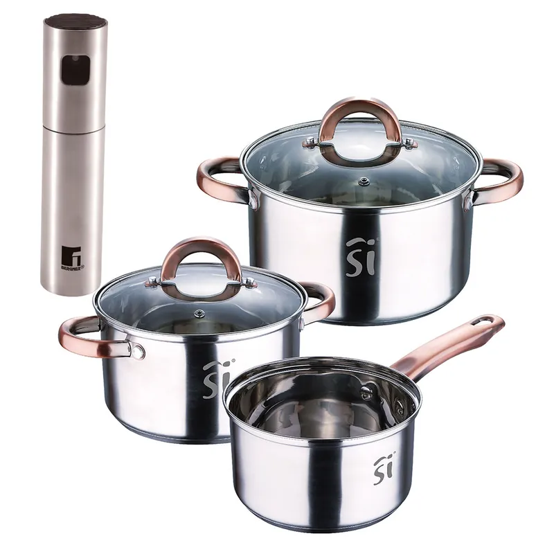 Bateria 5pc acero inoxidable Ø16Ø18Ø20, aptas para inducción+ Bergner Copper Pulverizador de Aceite y vinagre Ø4x17,5cm en acero inoxidable - Cocina