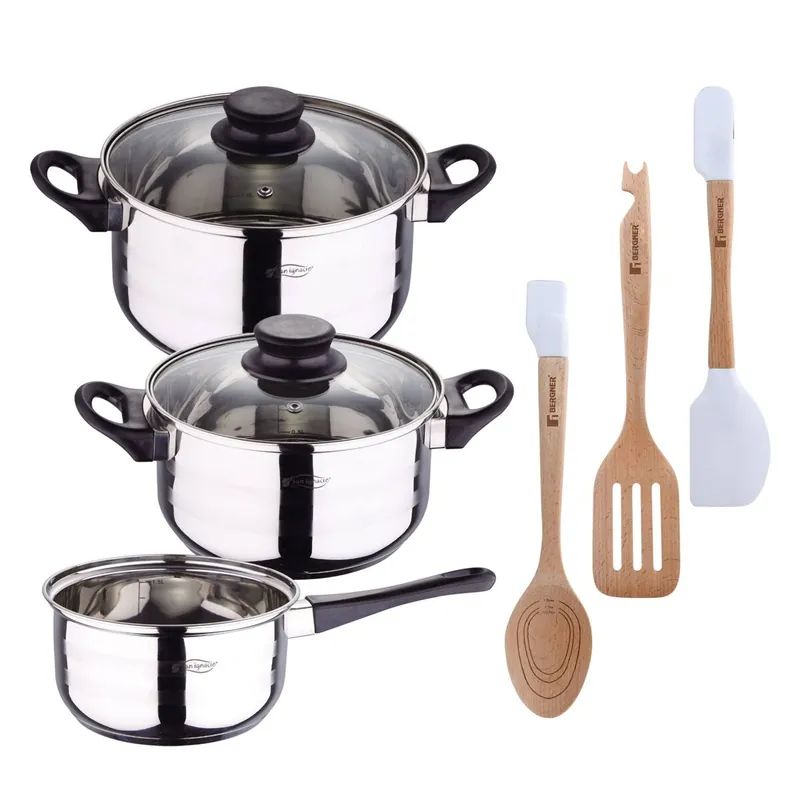 Set de baterías de cocina Toledo 5pc aptas para inducción+ Bergner NATURALLY Juego de 3 Utensilios de cocina en silicona y madera