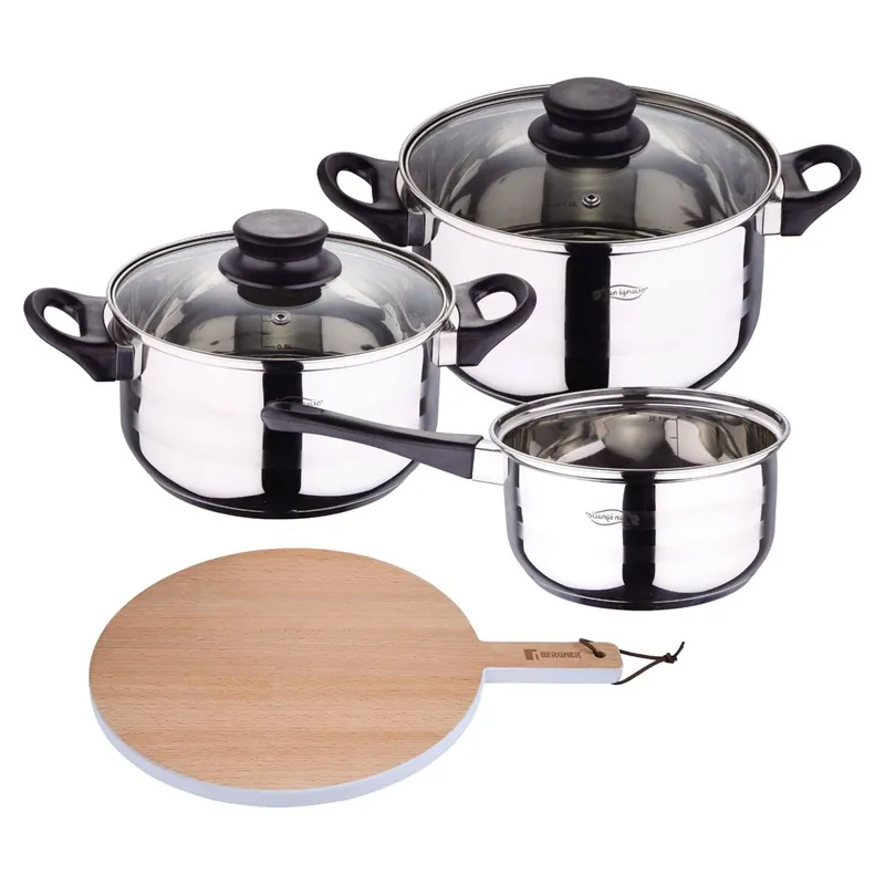 Set de baterías de cocina Toledo 5pc aptas para inducción+ Bergner NATURALLY Tabla de corte Redonda de 38x28x1,5cm en madera de haya