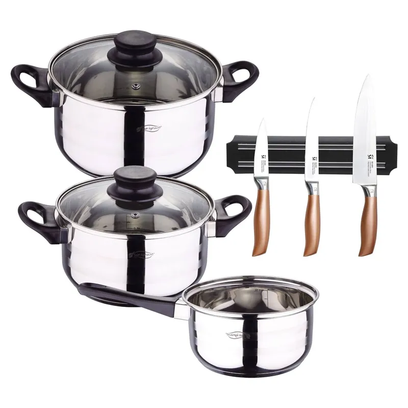 Set de baterías de cocina Toledo 5pc aptas para inducción+ Bergner Copper Set de 3 Cuchillos en acero inoxidable + Soporte magnético de pared