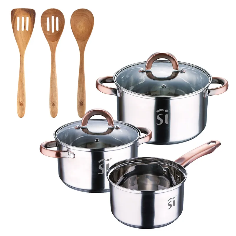 Bateria 5pc acero inoxidable Ø16Ø18Ø20, aptas para inducción+ Set 3pcs utensilios de cocina acacia SMART MasterPRO