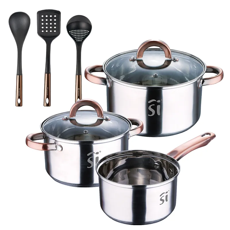 Bateria 5pc acero inoxidable Ø16Ø18Ø20, aptas para inducción+ Bergner Copper Set de 3 Utensilios de cocina en PBT negro y cobre