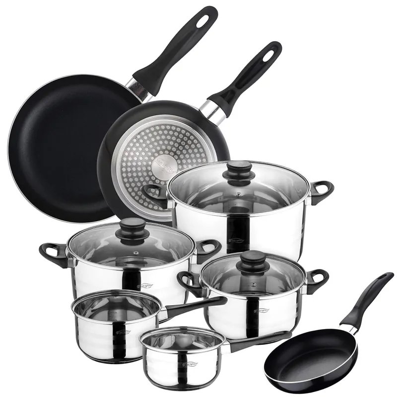Batería de cocina sip 8 piezas (dos cazos + tres ollas con tapa de vidrio) con set de 3 sartenes ø16/20/24 cms color negro., inducción