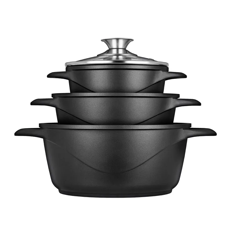 Smile MGK-18 Batería de Cocina Inducción 6 Piezas Aluminio Fundido, 3 Ollas, Tapas de Vidrio Templado, Libre PFOA, , Negro