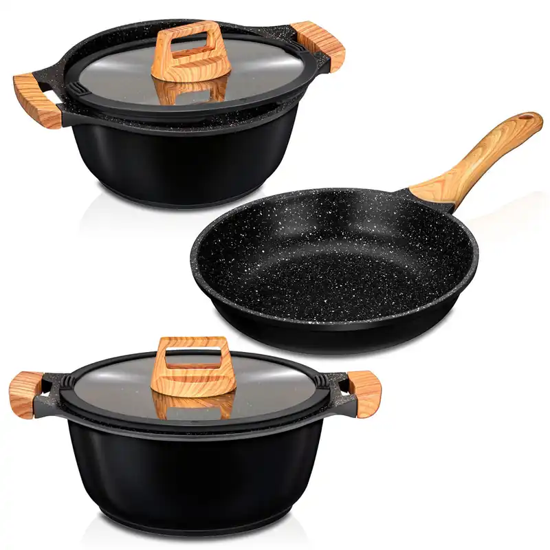 Smile Wood Batería Cocina Inducción 3 Piezas Aluminio Fundido Antiadherente ILAG sin PFOA Set Cazuelas Sartén, , Negro