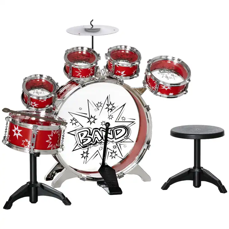 AIYAPLAY Batería Infantil con Taburete Batería para Niños de +3 Años con Tambores Bombo Platillo Pedal y Baquetas Diseño con Tema de Estrellas 65x22x57 cm Rojo - Jardín