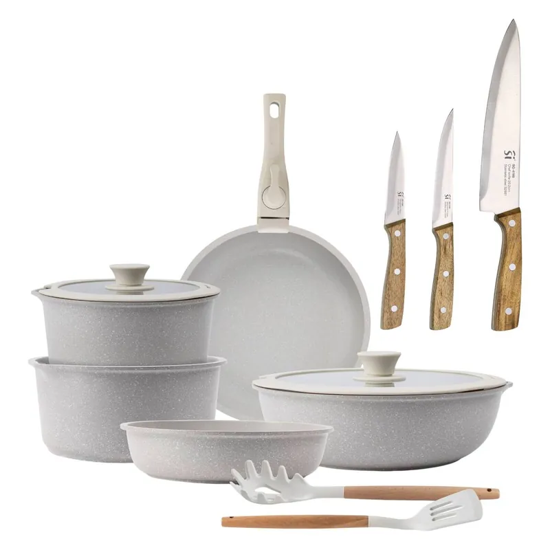 Batería de cocina 10 Pzs Beige/Mango extraíble,3 Sartenes,2 Cazos,Tapas y Utensilios+ Set de 3 cuchillos de acero inoxidable