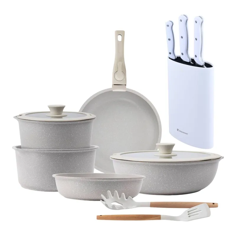 Batería de cocina 10 Pzs Beige/Mango extraíble,3 Sartenes,2 Cazos,Tapas y Utensilios+Set de 3 Cuchillos con Tacoma en Acero inoxidable