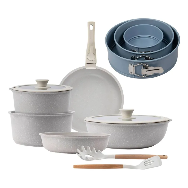 Batería de cocina 10 Pzs Beige/Mango extraíble,3 Sartenes,2 Cazos,Tapas y Utensilios+ Juego de 3 moldes de horno redondos Ø12Ø18Ø22cm