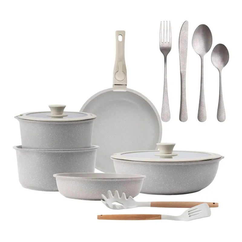 Batería de cocina 10 Pzs Beige/Mango extraíble,3 Sartenes,2 Cazos,Tapas y Utensilios+ Set de 16 Cubiertos en Acero Inoxidable
