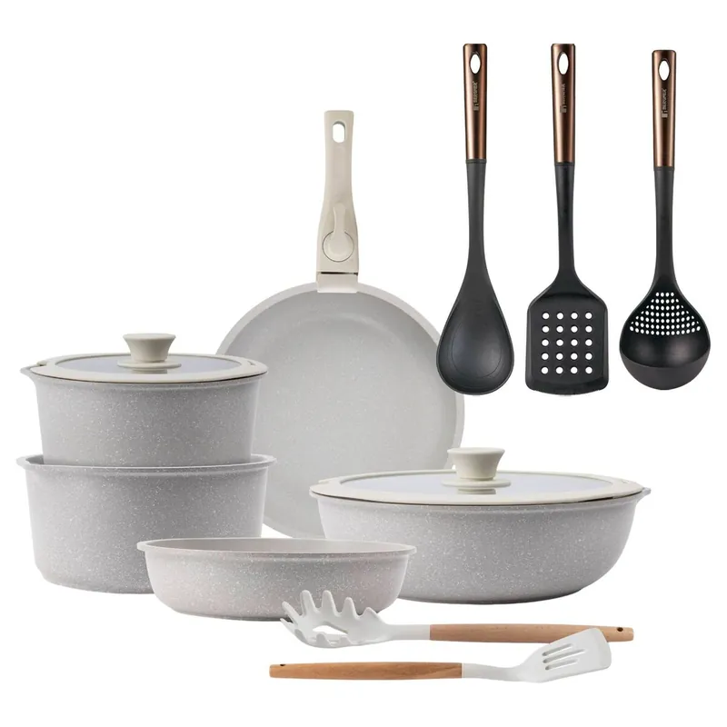 Batería de cocina 10 Pzs Beige/Mango extraíble,3 Sartenes,2 Cazos,Tapas y Utensilios+Set de 3 Utensilios de cocina en PBT negro y cobre