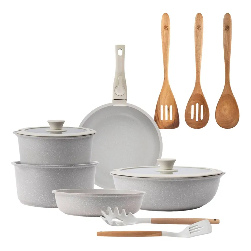 Batería de cocina 10 Pzs Beige/Mango extraíble,3 Sartenes,2 Cazos,Tapas y Utensilios+Set 3pcs utensilios de cocina
