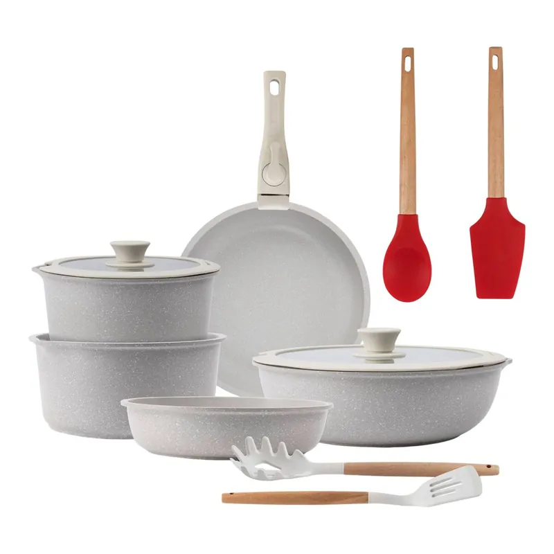 Batería de cocina 10 Pzs Beige/Mango extraíble,3 Sartenes,2 Cazos,Tapas y Utensilios+ Bergner EXCALIBUR Juego de 2 utensilios de cocina