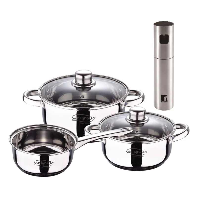 Bateria 5pcs acero inoxidable: cazo Ø16x7,5 Cacerolas de Ø18x8,5 y Ø20x9,5 cms., inducción+ Bergner Copper Pulverizador de Aceite y vinagre - Cocina