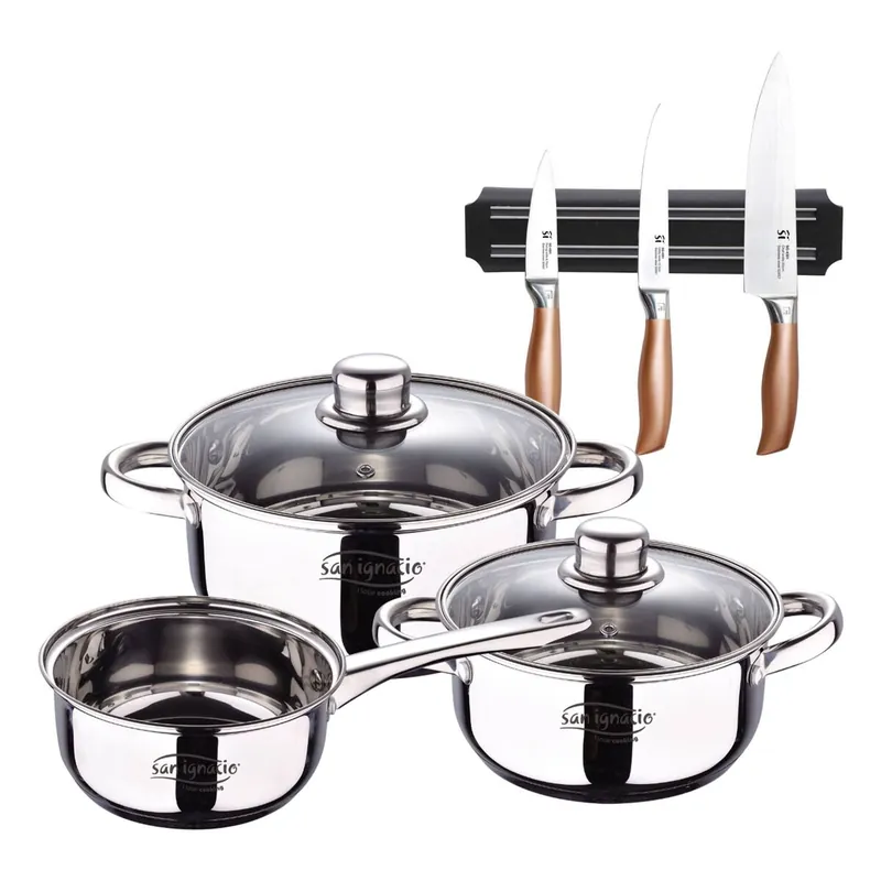 Bateria 5pcs acero inoxidable: cazo Ø16x7,5 Cacerolas de Ø18x8,5 y Ø20x9,5 cms,inducción+Set de 3 Cuchillos con Soporte magnético - Cocina