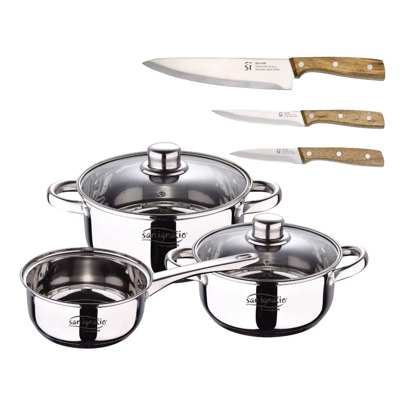 Bateria 5pcs acero inoxidable: cazo Ø16x7,5 Cacerolas de Ø18x8,5 y Ø20x9,5 cms., inducción, colección Cassel+ Set de 3 cuchillos de acero inoxidable - Cocina