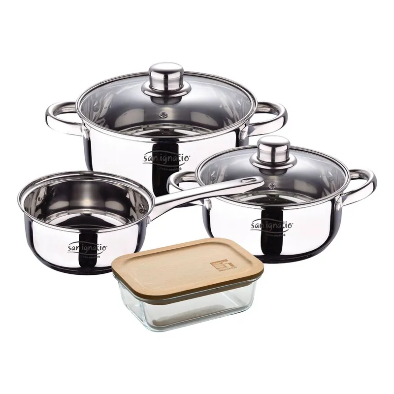 Bateria 5pcs acero inoxidable: cazo Ø16x7,5 Cacerolas de Ø18x8,5 y Ø20x9,5 cms., inducción+Hermético de 650ml en vidrio de borosilicato - Cocina