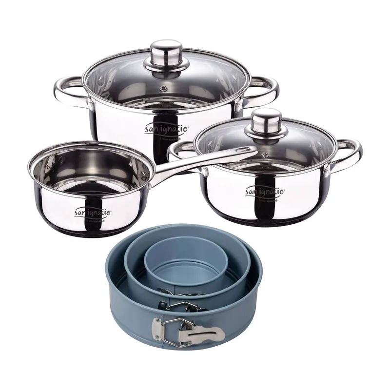 Bateria 5pcs acero inoxidable: cazo Ø16x7,5 Cacerolas de Ø18x8,5 y Ø20x9,5 cms., inducción+ Juego de 3 moldes de horno redondos Ø12Ø18Ø22cm - Cocina
