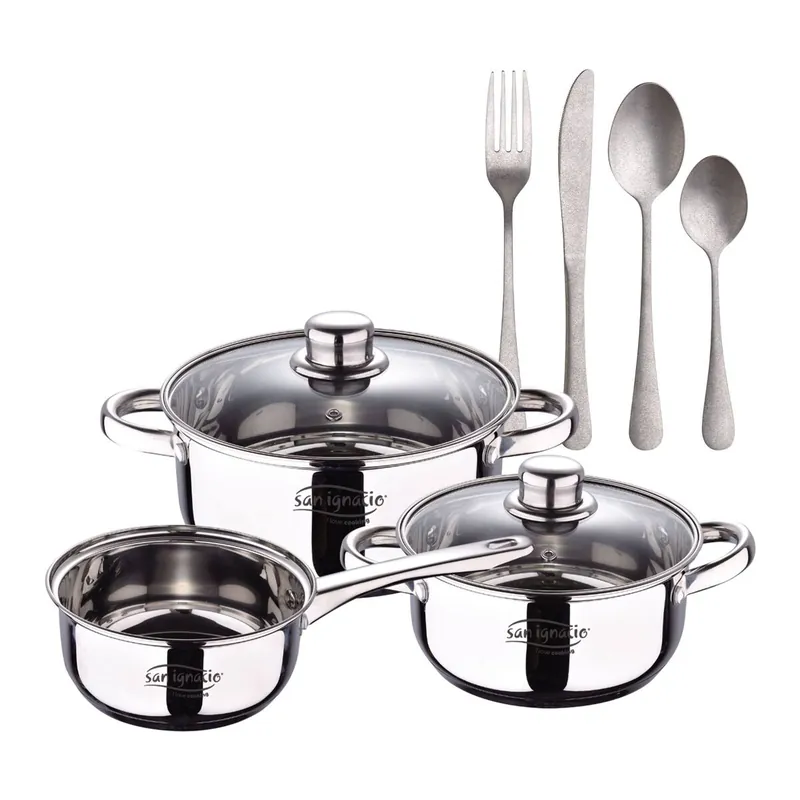 Bateria 5pcs acero inoxidable: cazo Ø16x7,5 Cacerolas de Ø18x8,5 y Ø20x9,5 cms., inducción, colección Cassel+ Set de 16 Cubiertos en Acero Inoxidable - Cocina