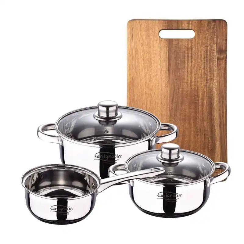 Bateria 5pcs acero inoxidable: cazo Ø16x7,5 Cacerolas de Ø18x8,5 y Ø20x9,5 cms., inducción+ Tabla de cortar 40,3x25,2x2,5cm de madera - Cocina