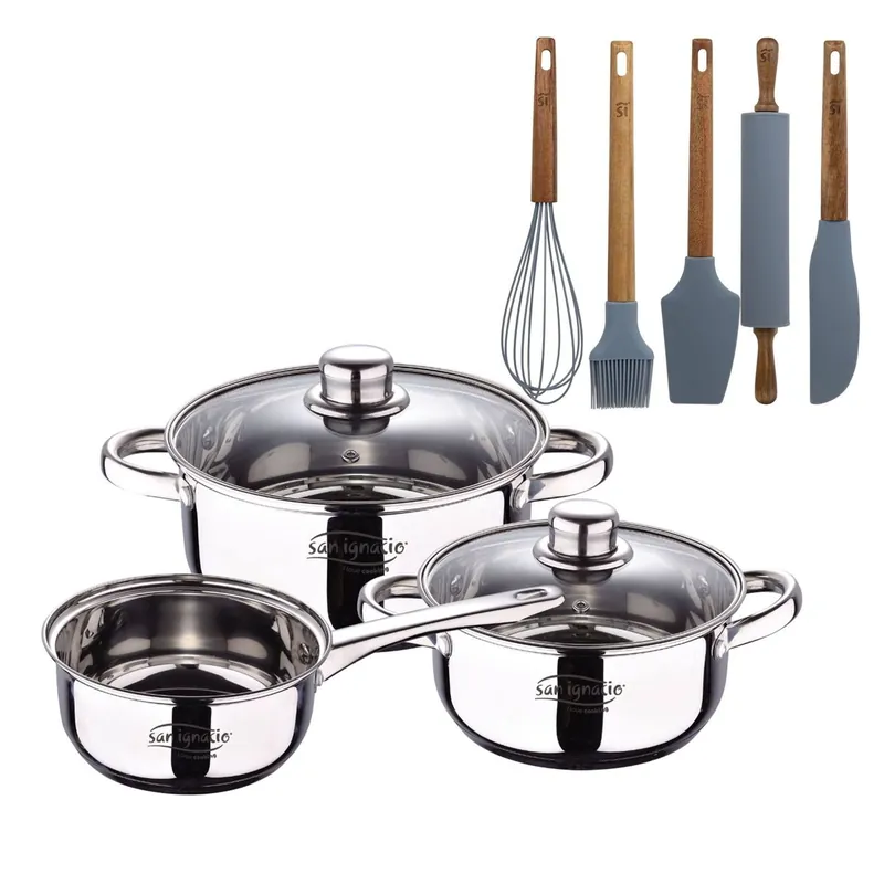 Bateria 5pcs acero inoxidable: cazo Ø16x7,5 Cacerolas de Ø18x8,5 y Ø20x9,5 cms., inducción+ Set de 5 Utensilios de Cocina de Silicona y Madera