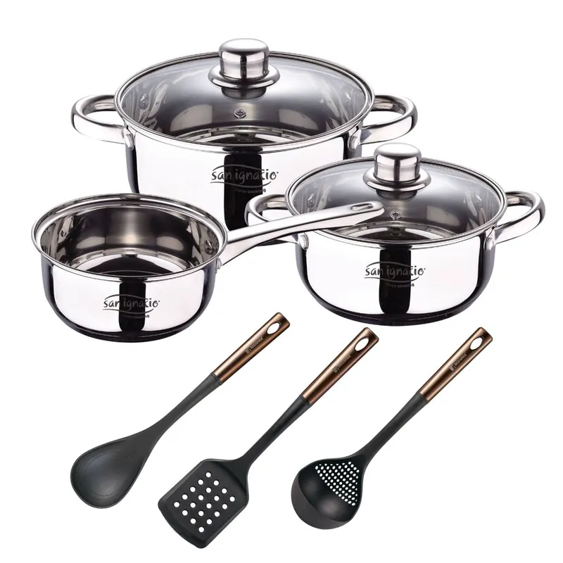 Bateria 5pcs acero inoxidable: cazo Ø16x7,5 Cacerolas de Ø18x8,5 y Ø20x9,5 cms., inducción+Set de 3 Utensilios de cocina en PBT negro y cobre