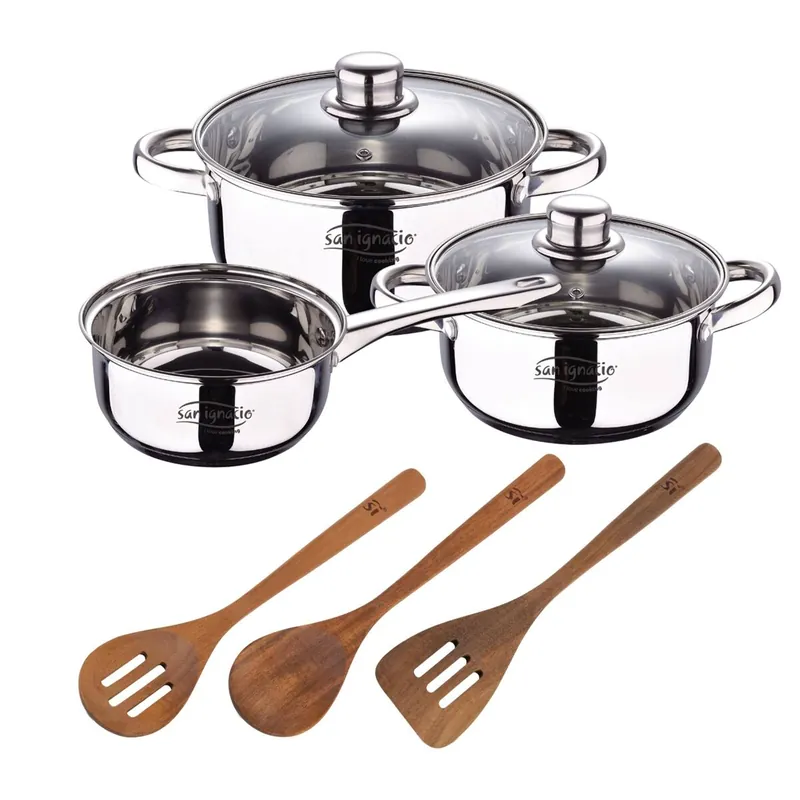 Bateria 5pcs acero inoxidable: cazo Ø16x7,5 Cacerolas de Ø18x8,5 y Ø20x9,5 cms., inducción+ San Ignacio AGROS Set 3pc utensilios cocina