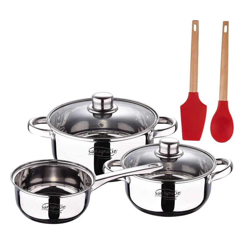 Bateria 5pcs acero inoxidable: cazo Ø16x7,5 Cacerolas de Ø18x8,5 y Ø20x9,5 cms., inducción+ Bergner EXCALIBUR Juego de 2 utensilios de cocina