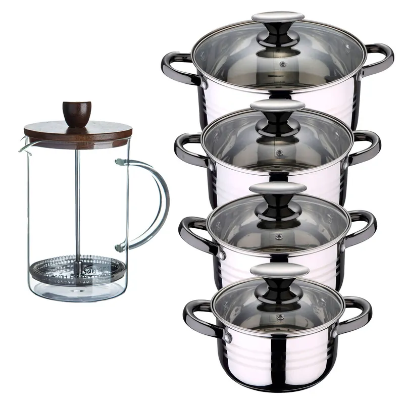 Bateria 8pc acero inoxidable apta para inducción Colección San Ignacio Premium + Cafetera de émbolo de vidrio borosilicato 15,8x10x18,8cm - Cocina